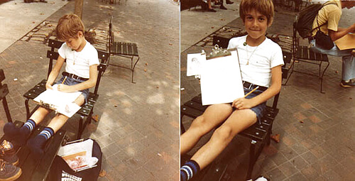 John O'Keefe Jr. posing with a drawing outside of the Museum of Natural History in Manhattan, New York, when he was seven years old