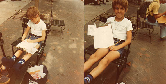 John O'Keefe Jr posing with a drawing outside of the Museum of Natural History in Manhattan, New York, when he was seven years old