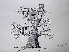 John O'Keefe's pen & ink drawing of a tree fort, created when he was thirteen years old