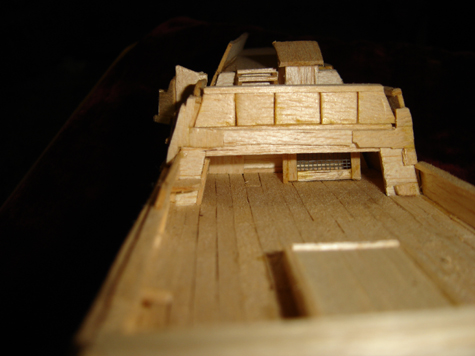 Art during the Summer Before Middle School, John O'Keefe Jr partial balsa wood model of the deck of a large sail powered ship (view 3), created when he was eleven years old