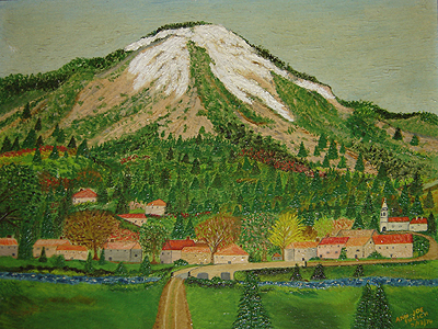 'Ann's Ancestral Roots, Kuzelj, Austria', 12 X 16 inch (30.5 x 40.6 cm), Acrylic on Board, Art Teacher Ann Fucich, 1974