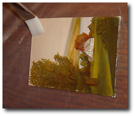 Dammar Varnish Tutorial - Step 10 - Rotate painting 90 degree and brush on Dammar pass two